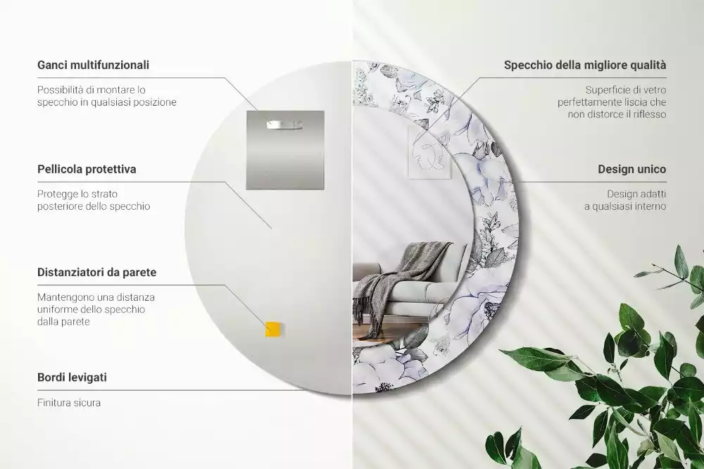 Lustro z okrągłą ramką i nadrukiem niebieskich róż