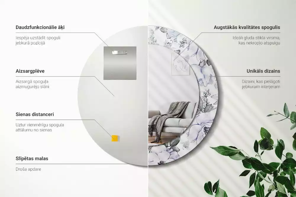 Lustro z okrągłą ramką i nadrukiem niebieskich róż