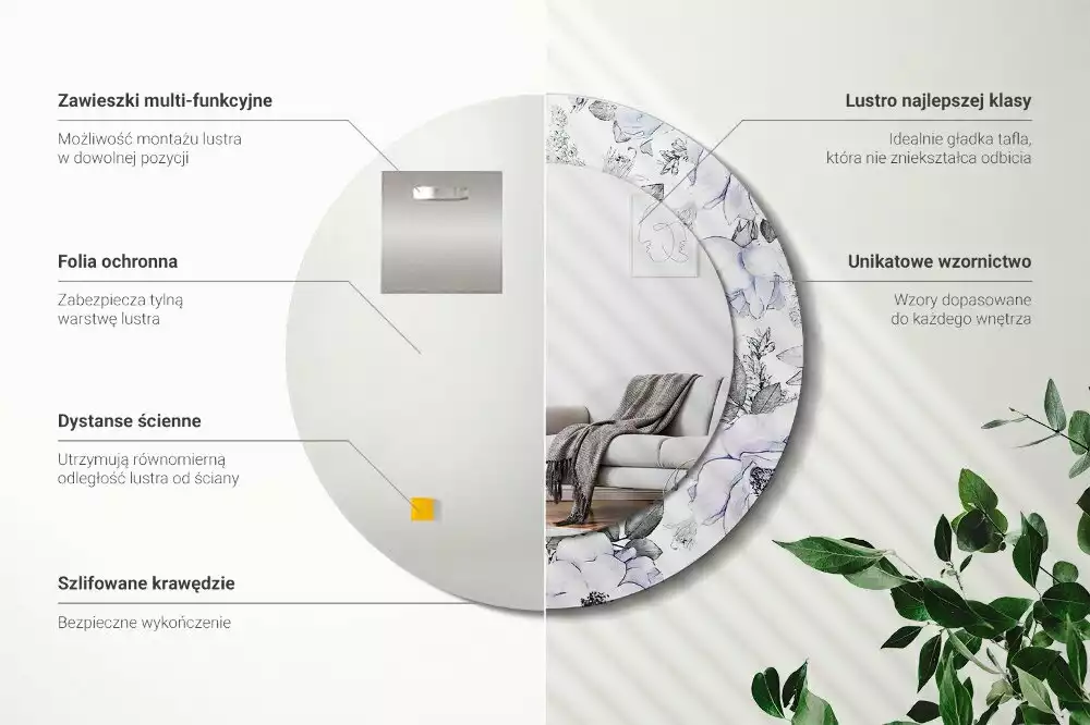 Lustro z okrągłą ramką i nadrukiem niebieskich róż