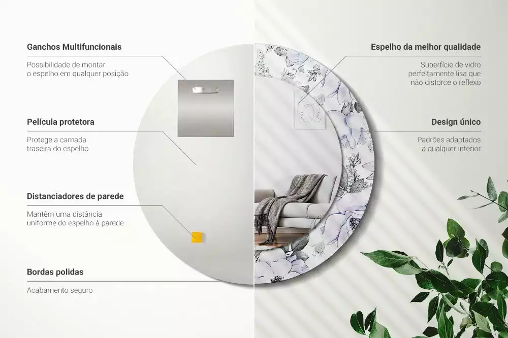 Lustro z okrągłą ramką i nadrukiem niebieskich róż