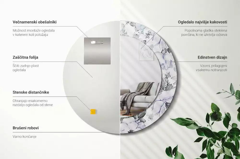 Lustro z okrągłą ramką i nadrukiem niebieskich róż
