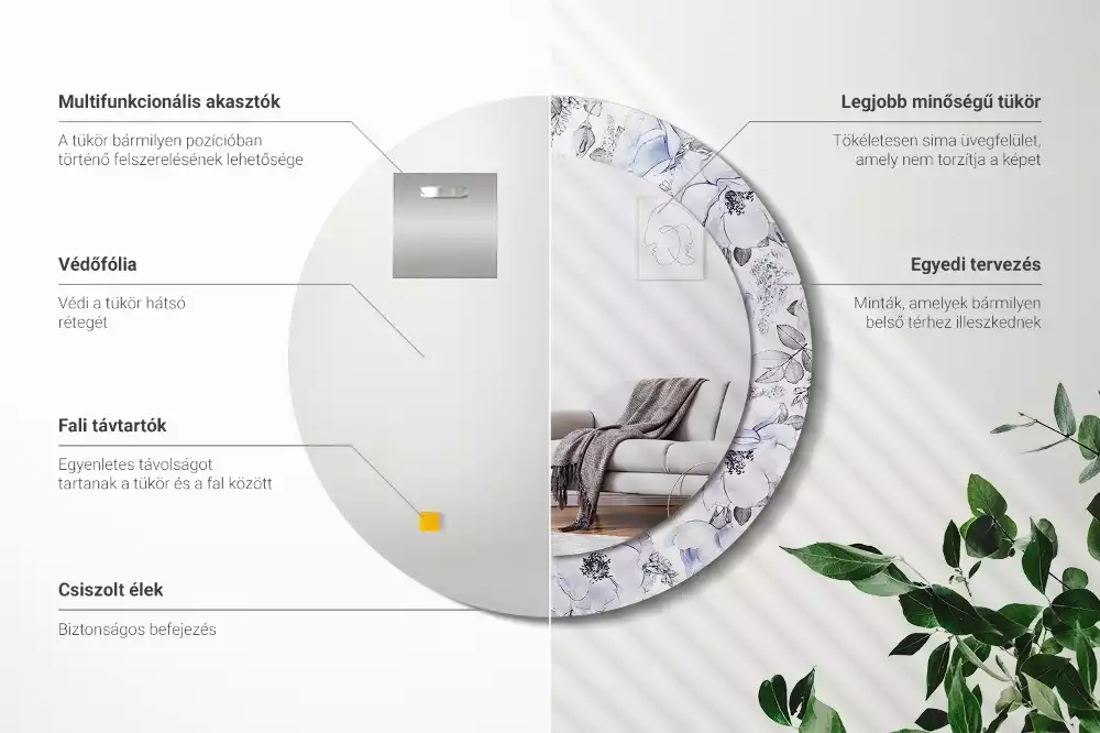 Lustro z okrągłą ramką i nadrukiem niebieskich róż