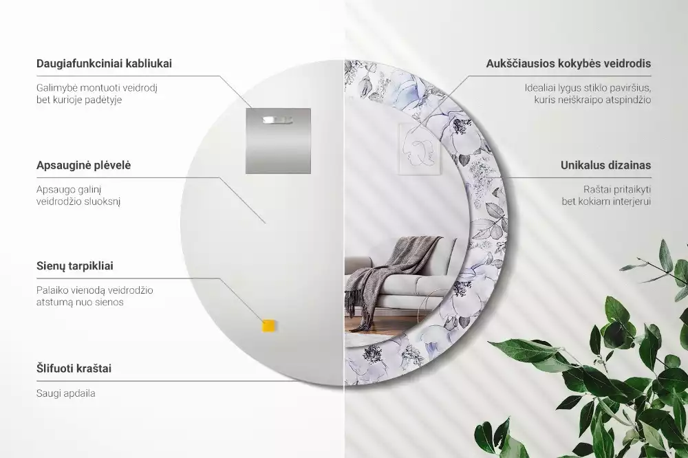 Lustro z okrągłą ramką i nadrukiem niebieskich róż