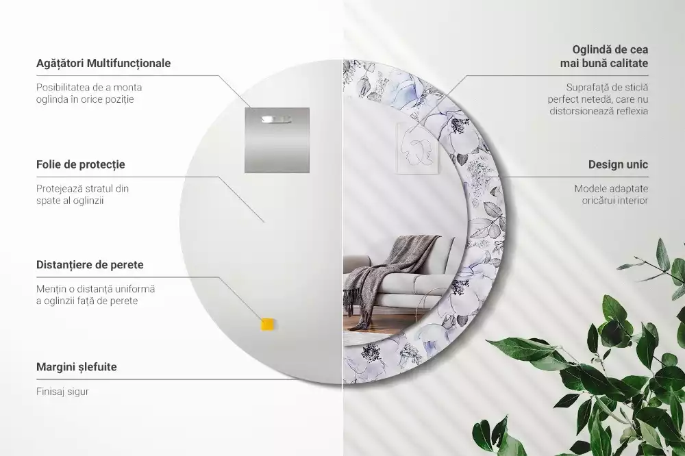 Lustro z okrągłą ramką i nadrukiem niebieskich róż