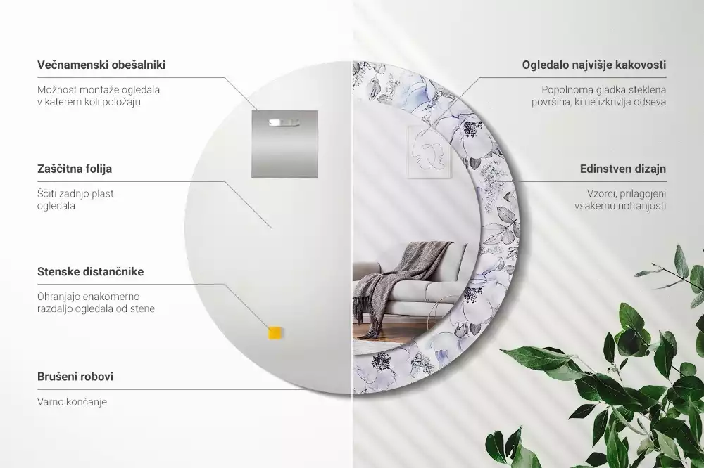 Lustro z okrągłą ramką i nadrukiem niebieskich róż