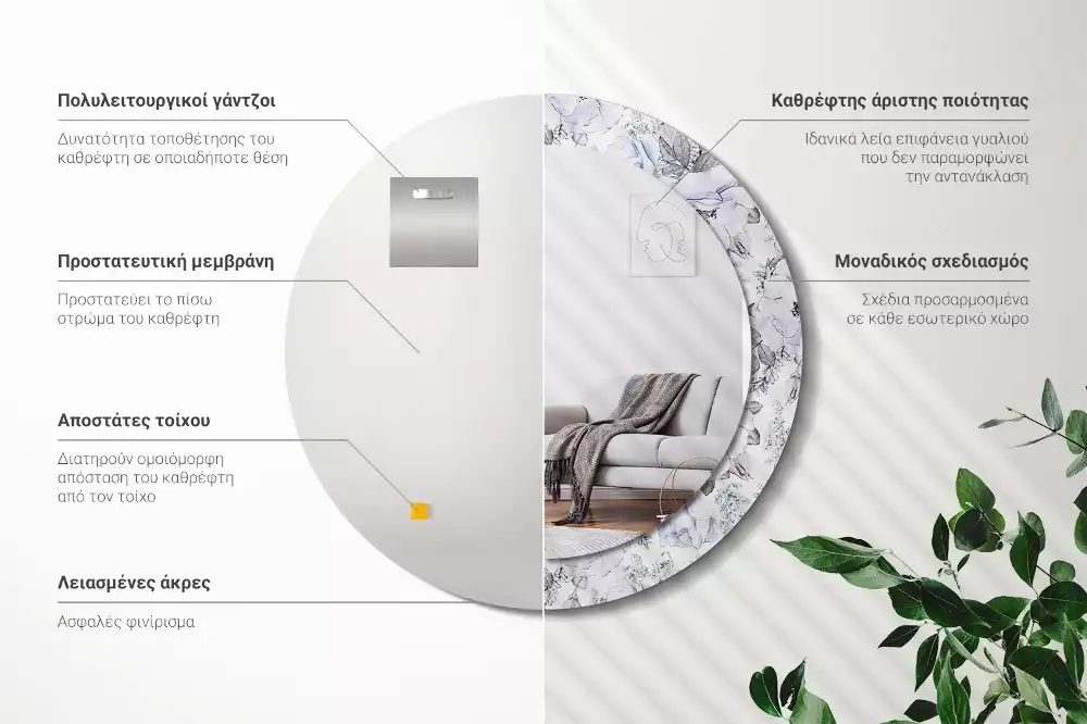 Lustro z okrągłą ramką i nadrukiem niebieskich róż