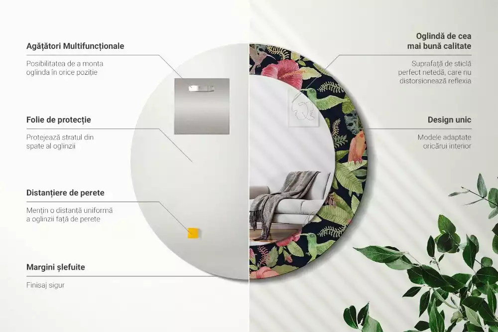 Lustro ścienne dekoracyjne w kształcie koła z motywem kwiatów hibiskusa