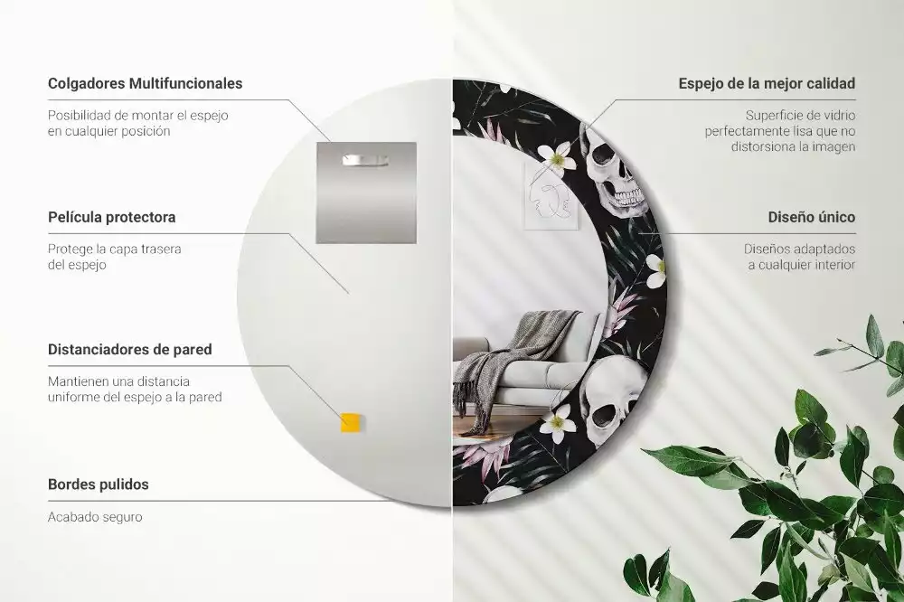 Lustro okrągłe z drukowaną ramką w motywie kwiatów i czaszek