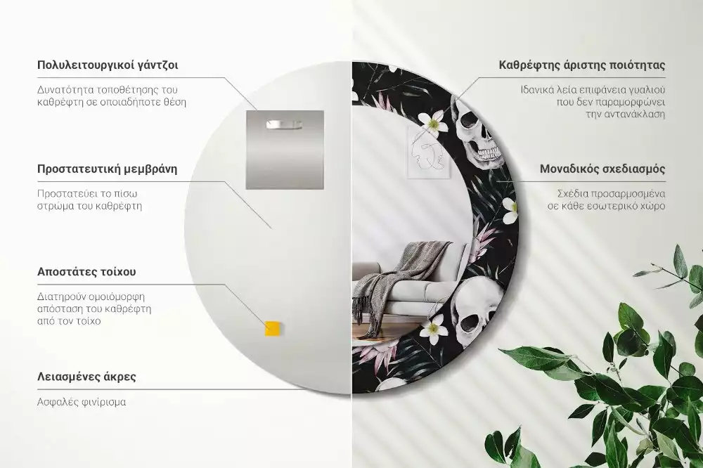 Lustro okrągłe z drukowaną ramką w motywie kwiatów i czaszek