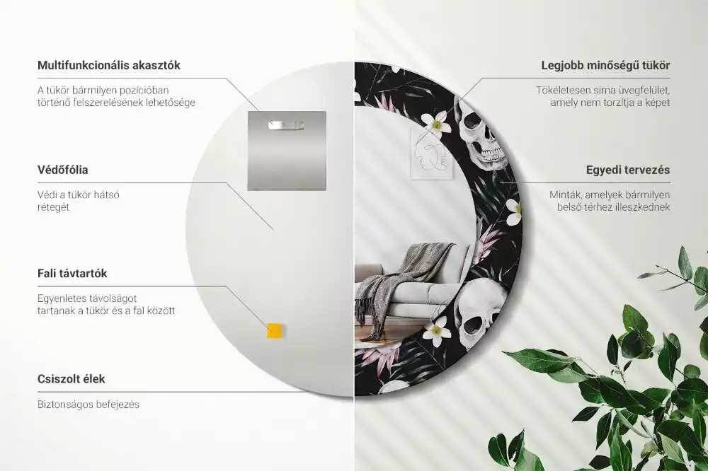 Lustro okrągłe z drukowaną ramką w motywie kwiatów i czaszek