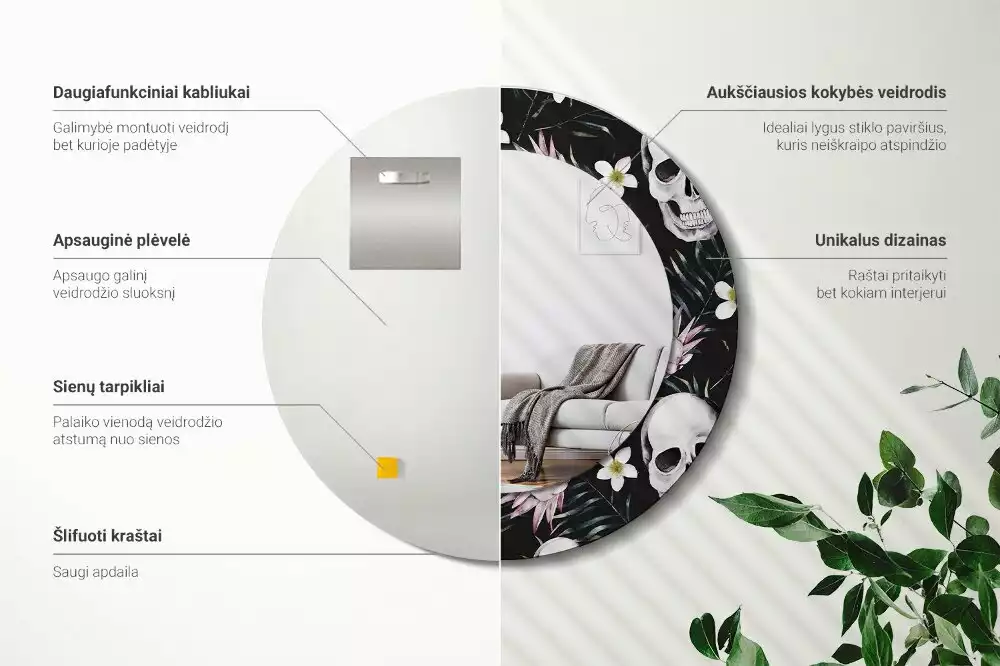 Lustro okrągłe z drukowaną ramką w motywie kwiatów i czaszek