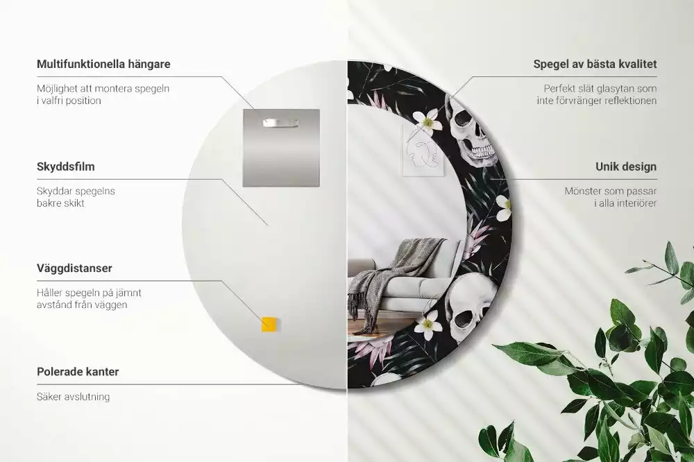 Lustro okrągłe z drukowaną ramką w motywie kwiatów i czaszek