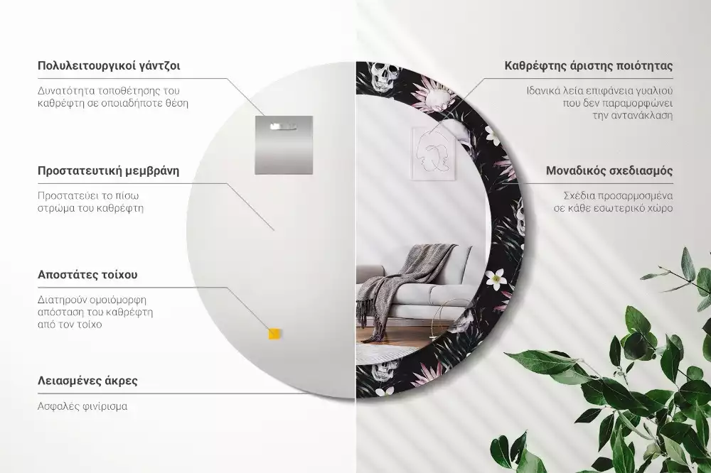 Lustro okrągłe z drukowaną ramką w motywie kwiatów i czaszek