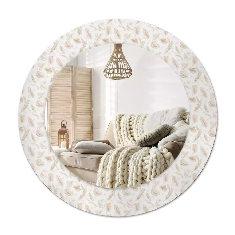 Lustro ścienne dekoracyjne w kształcie okręgu z motywem ptasich piór