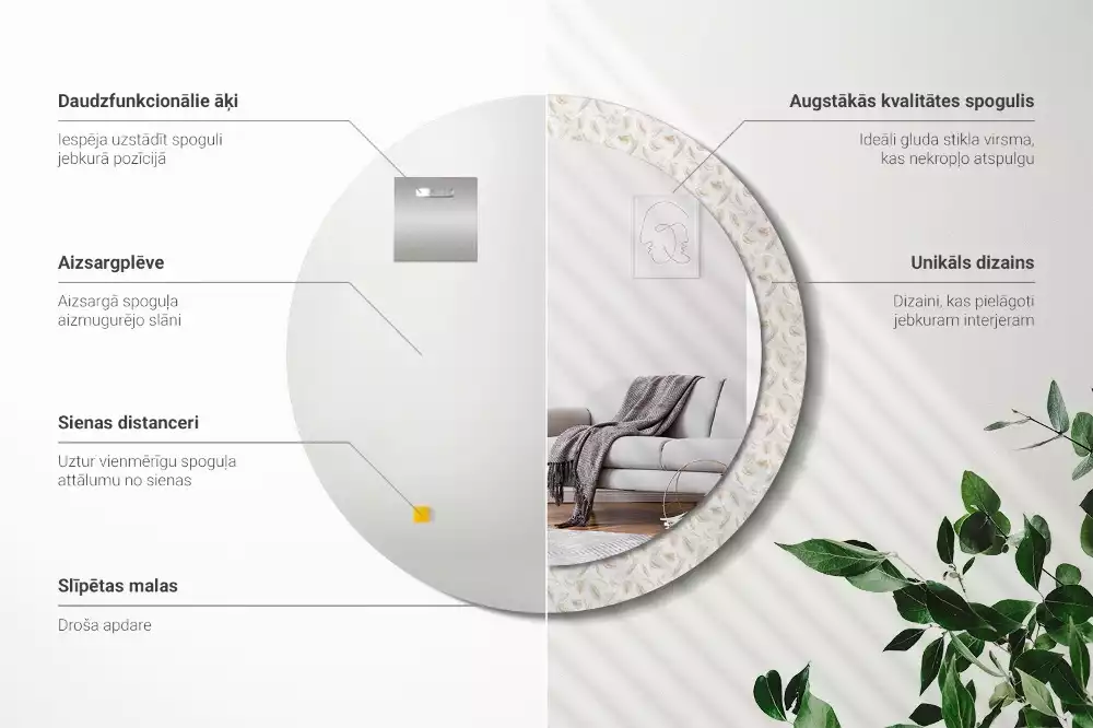 Lustro ścienne dekoracyjne w kształcie okręgu z motywem ptasich piór