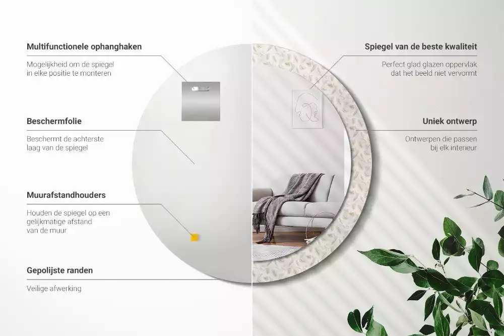 Lustro ścienne dekoracyjne w kształcie okręgu z motywem ptasich piór