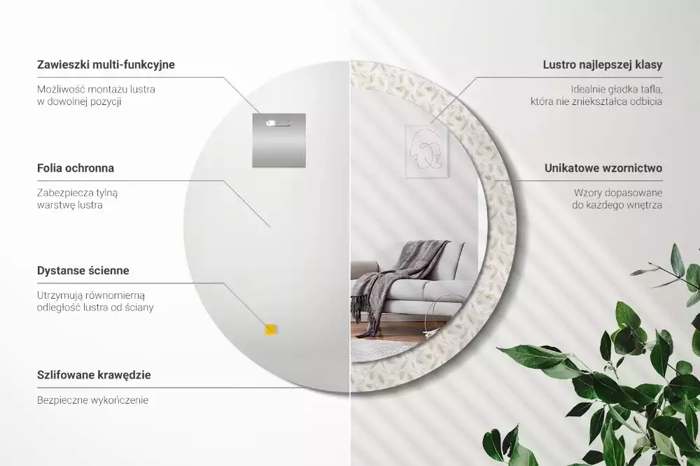 Lustro ścienne dekoracyjne w kształcie okręgu z motywem ptasich piór