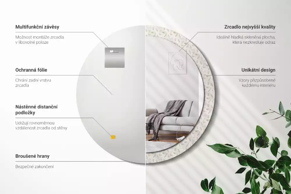 Lustro ścienne dekoracyjne w kształcie okręgu z motywem ptasich piór