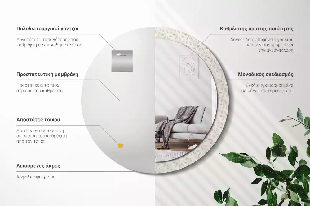 Lustro ścienne dekoracyjne w kształcie okręgu z motywem ptasich piór