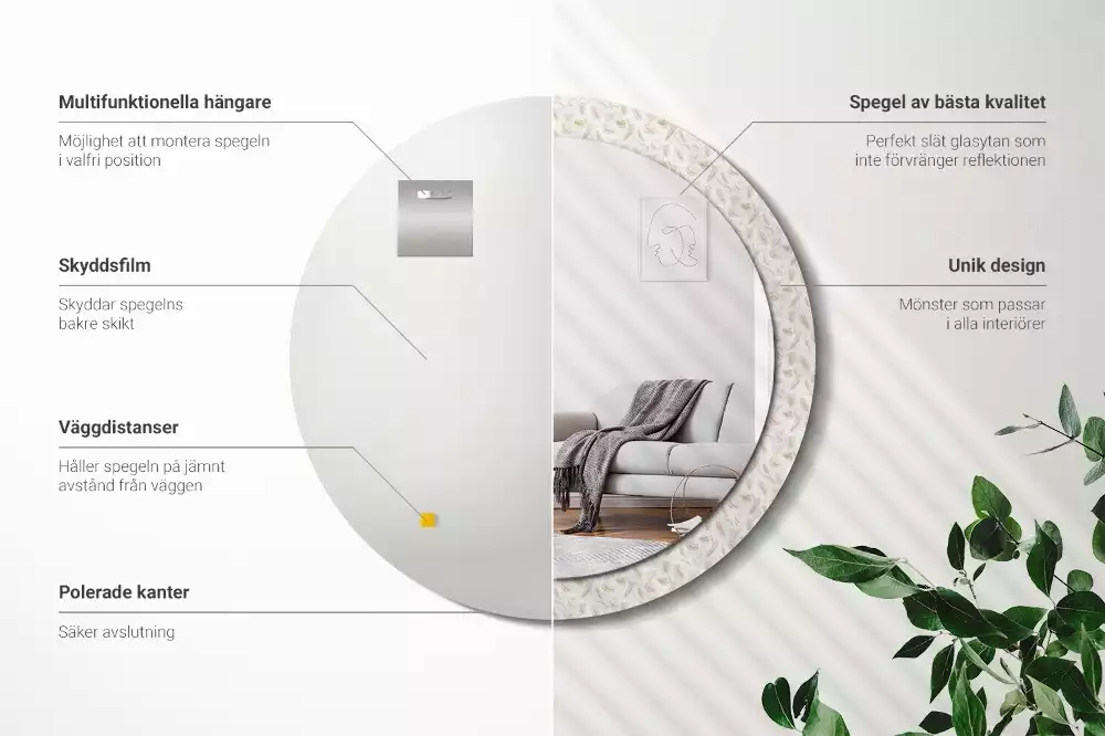 Lustro ścienne dekoracyjne w kształcie okręgu z motywem ptasich piór