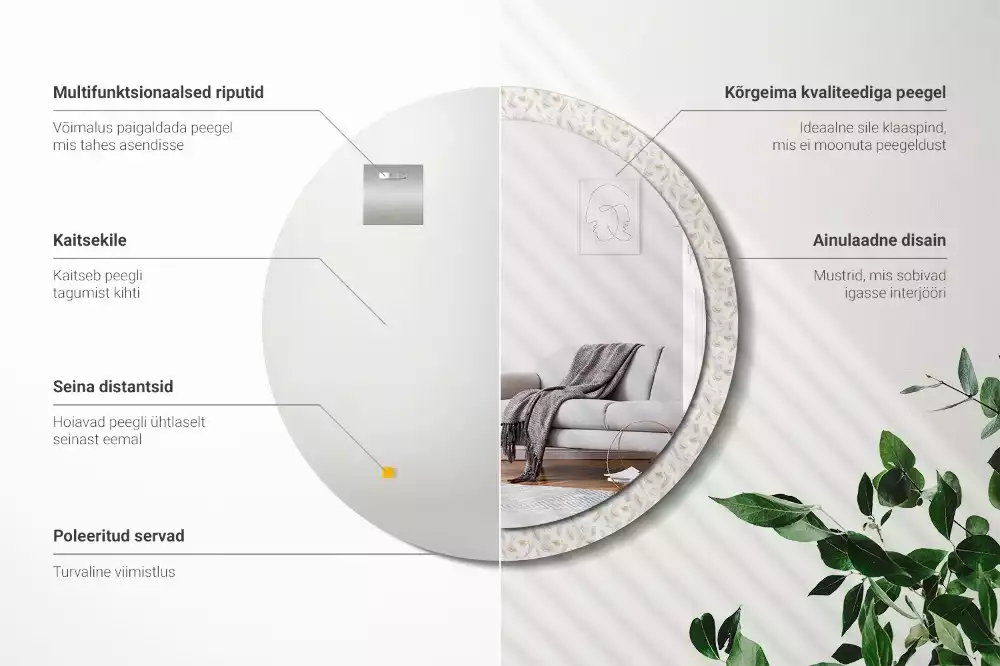 Lustro ścienne dekoracyjne w kształcie okręgu z motywem ptasich piór