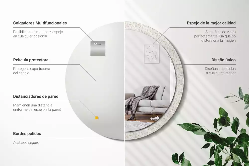 Lustro ścienne dekoracyjne w kształcie okręgu z motywem ptasich piór