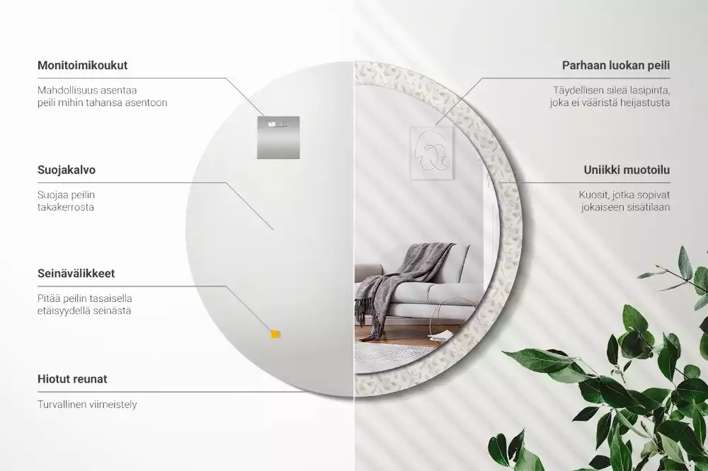 Lustro ścienne dekoracyjne w kształcie okręgu z motywem ptasich piór