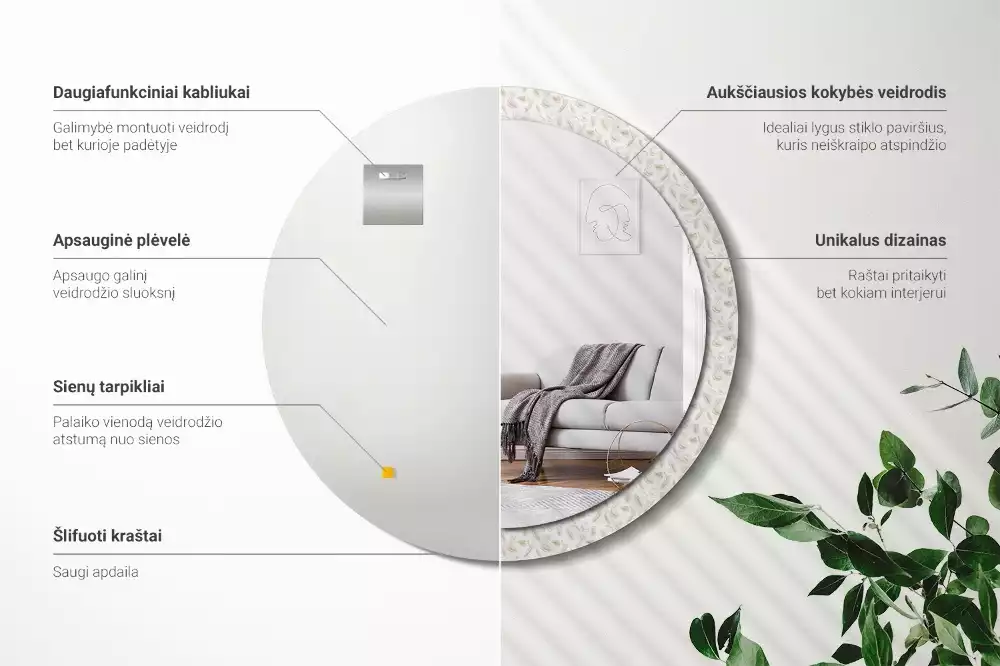 Lustro ścienne dekoracyjne w kształcie okręgu z motywem ptasich piór