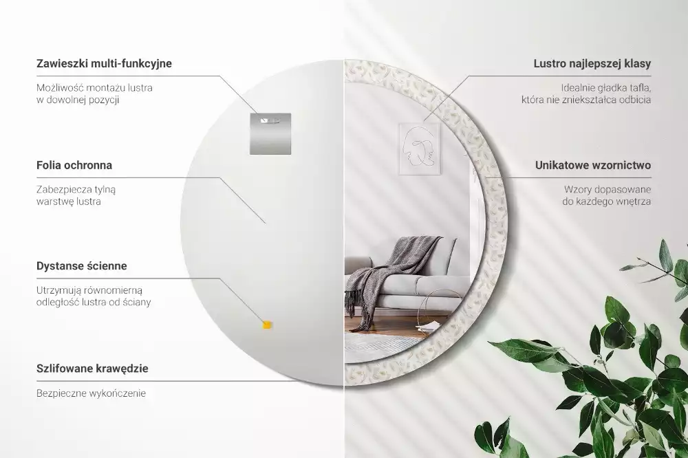 Lustro ścienne dekoracyjne w kształcie okręgu z motywem ptasich piór