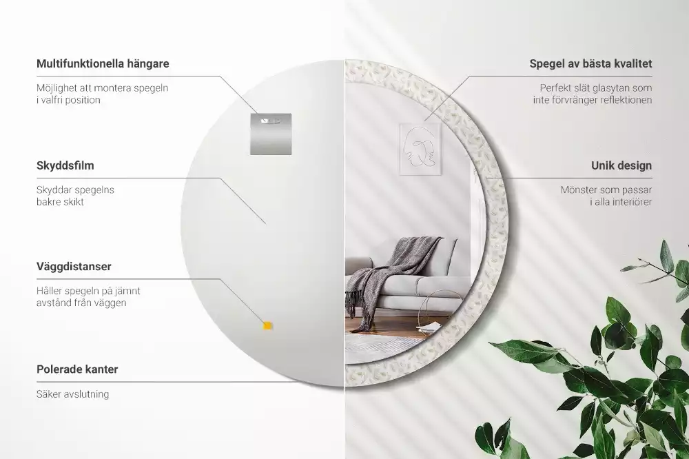 Lustro ścienne dekoracyjne w kształcie okręgu z motywem ptasich piór