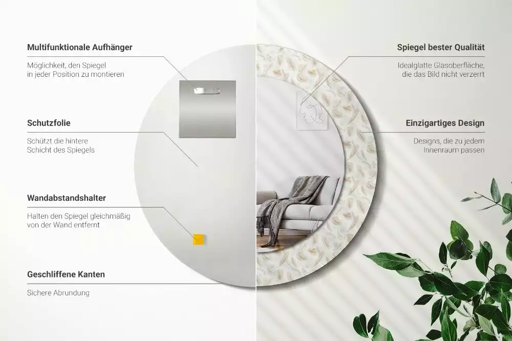 Lustro ścienne dekoracyjne w kształcie okręgu z motywem ptasich piór