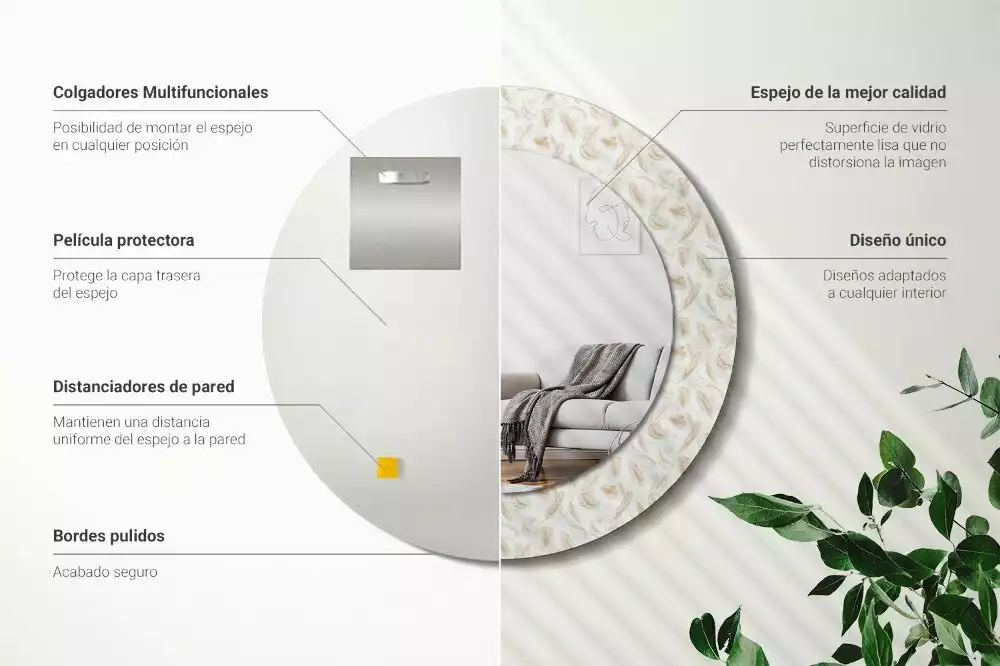 Lustro ścienne dekoracyjne w kształcie okręgu z motywem ptasich piór