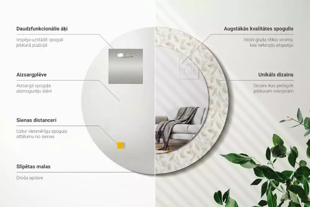 Lustro ścienne dekoracyjne w kształcie okręgu z motywem ptasich piór