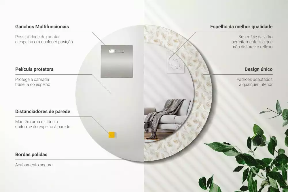 Lustro ścienne dekoracyjne w kształcie okręgu z motywem ptasich piór