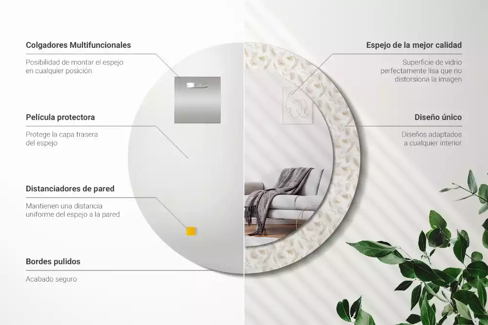 Lustro ścienne dekoracyjne w kształcie okręgu z motywem ptasich piór