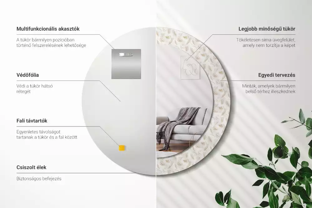 Lustro ścienne dekoracyjne w kształcie okręgu z motywem ptasich piór