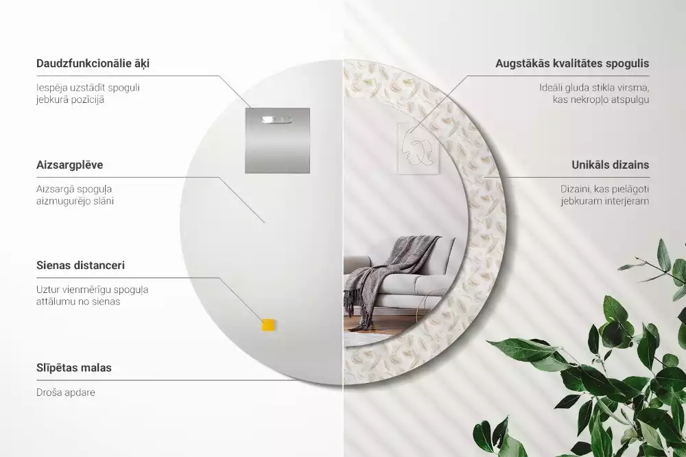 Lustro ścienne dekoracyjne w kształcie okręgu z motywem ptasich piór