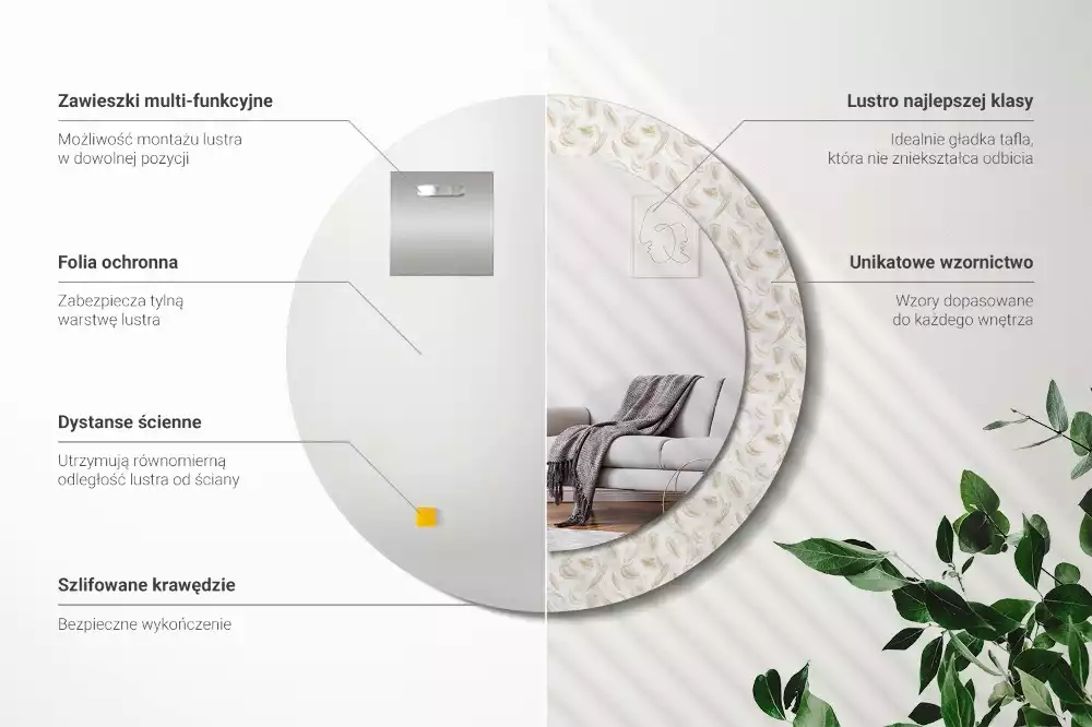 Lustro ścienne dekoracyjne w kształcie okręgu z motywem ptasich piór