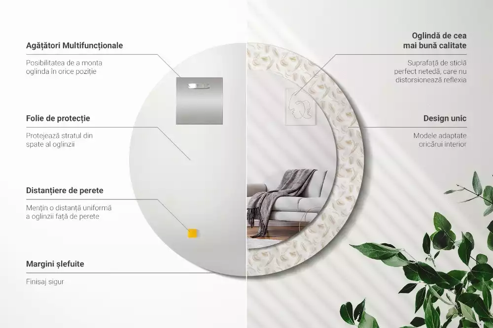 Lustro ścienne dekoracyjne w kształcie okręgu z motywem ptasich piór