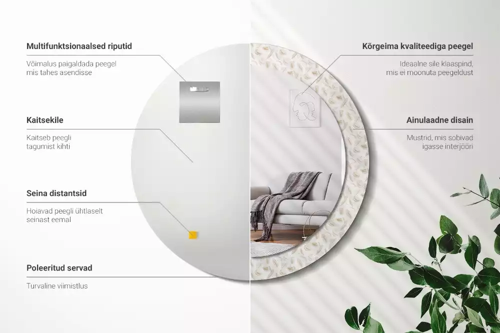 Lustro ścienne dekoracyjne w kształcie okręgu z motywem ptasich piór