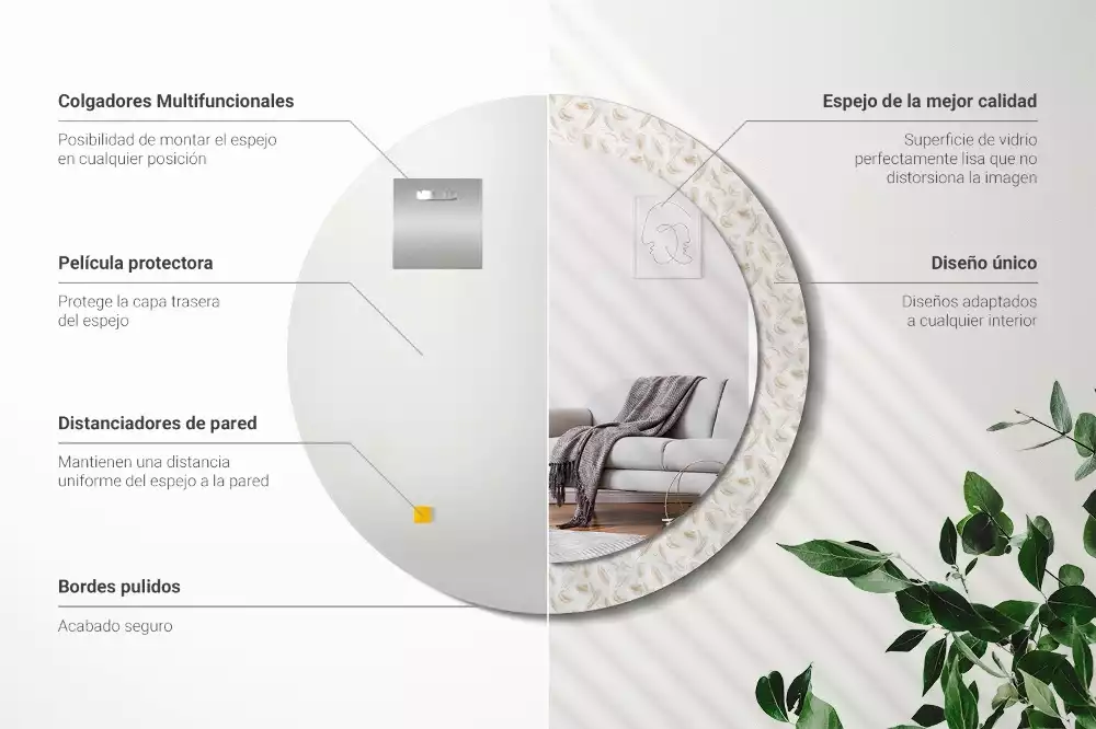 Lustro ścienne dekoracyjne w kształcie okręgu z motywem ptasich piór