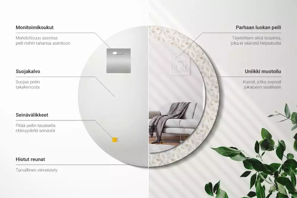 Lustro ścienne dekoracyjne w kształcie okręgu z motywem ptasich piór