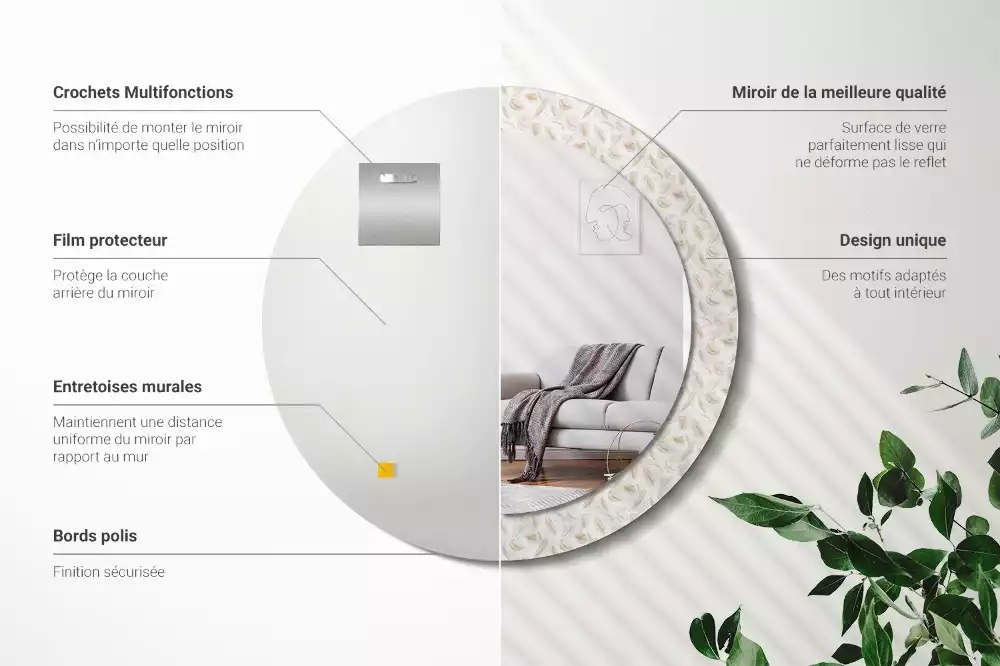 Lustro ścienne dekoracyjne w kształcie okręgu z motywem ptasich piór