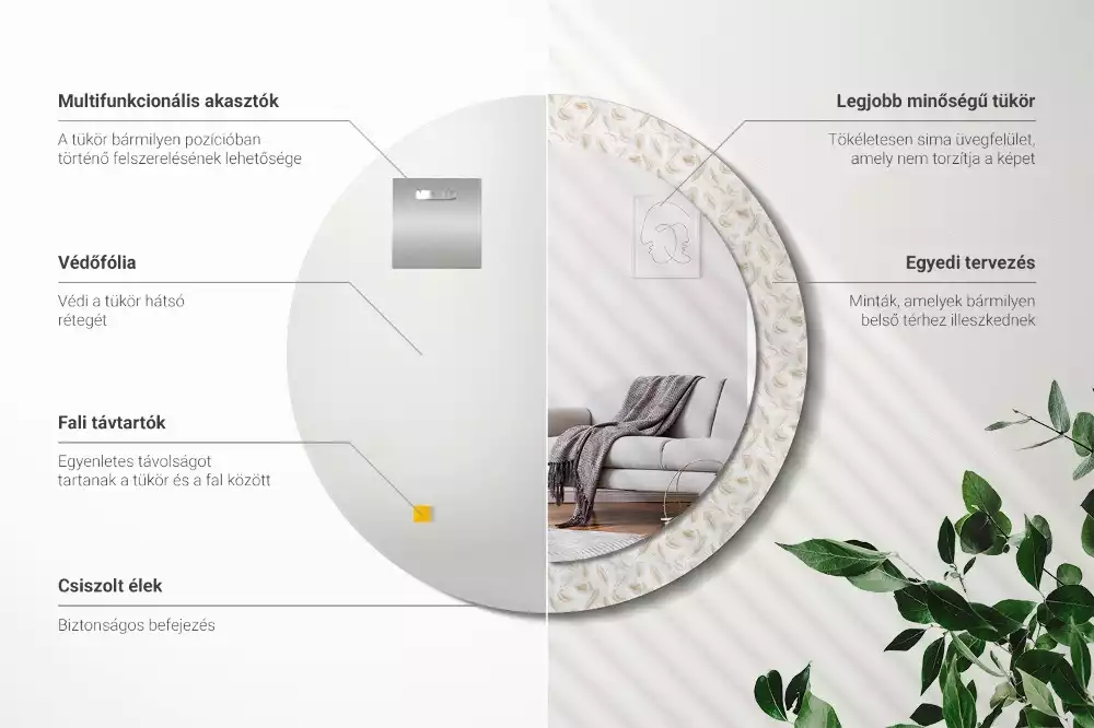 Lustro ścienne dekoracyjne w kształcie okręgu z motywem ptasich piór