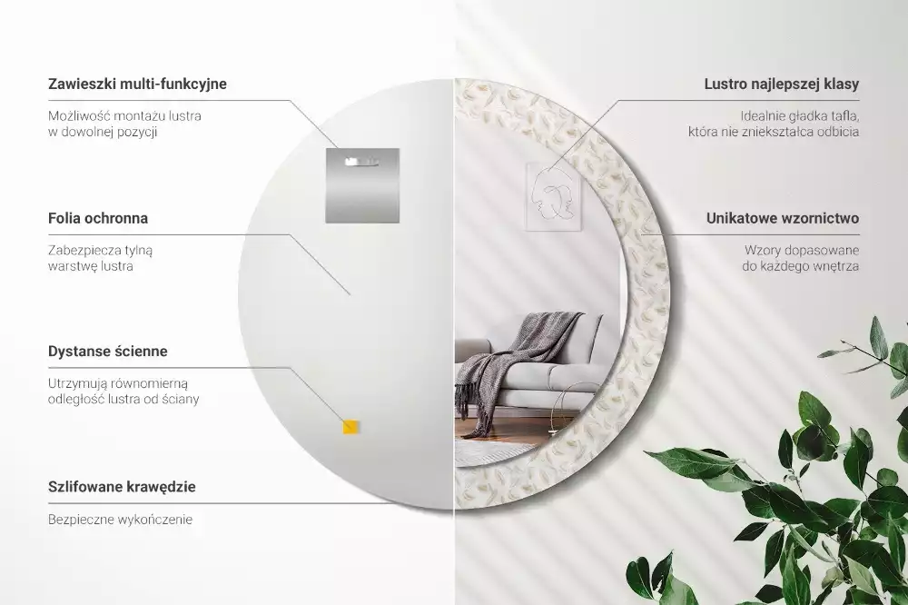 Lustro ścienne dekoracyjne w kształcie okręgu z motywem ptasich piór