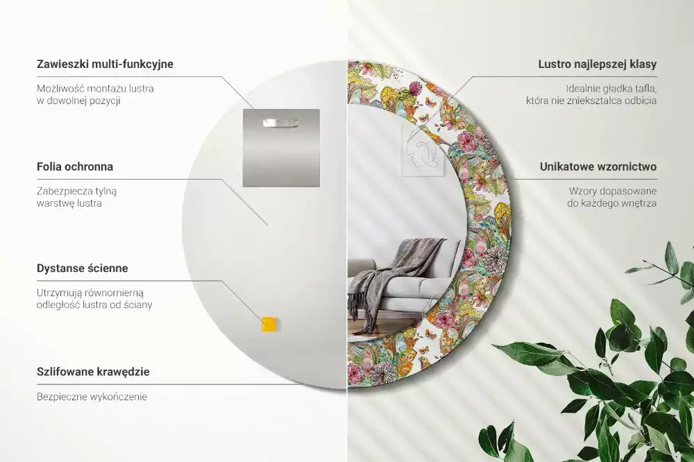 Lustro w ramie z nadrukiem w motywie bajkowych kwiatów