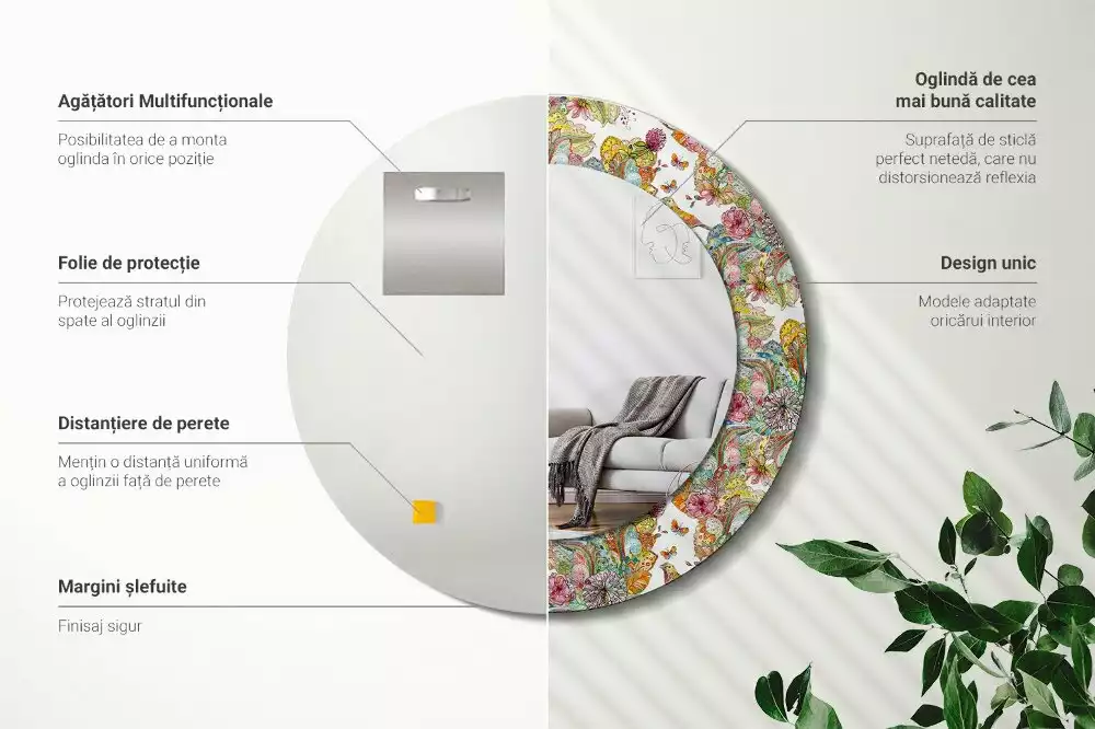 Lustro w ramie z nadrukiem w motywie bajkowych kwiatów