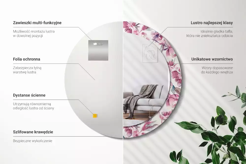 Lustro z drukowaną ramką o motywie piwonii