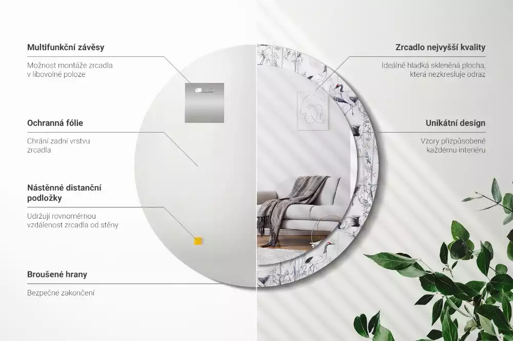 Lustro z drukowaną ramką z motywem żurawi