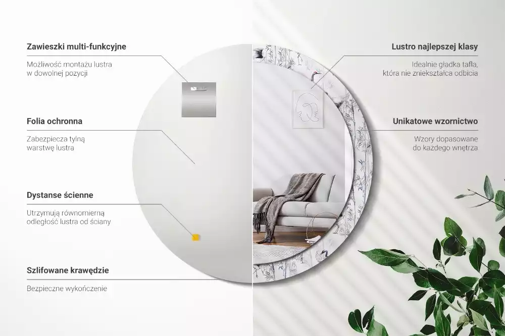 Lustro z drukowaną ramką z motywem żurawi